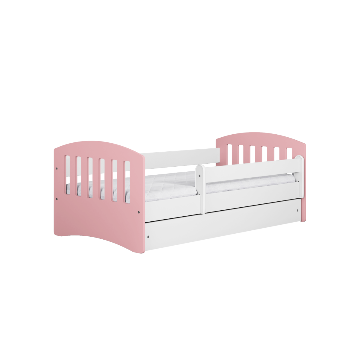 Klassisk 1 juniorseng 160x80 hvit rosa med madrass og skuff – produktbilde