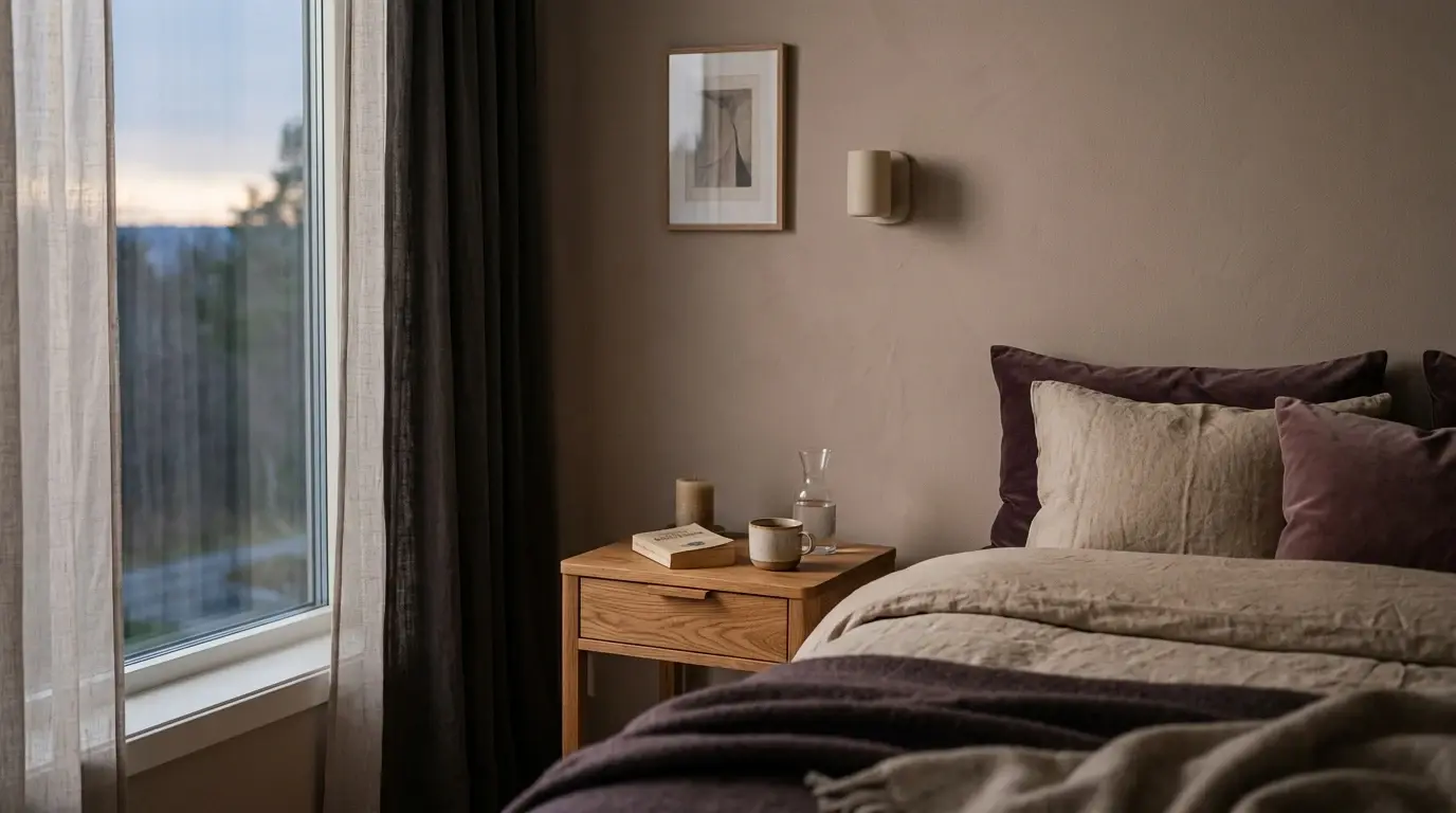 Nattbord ved siden av en seng med lampe