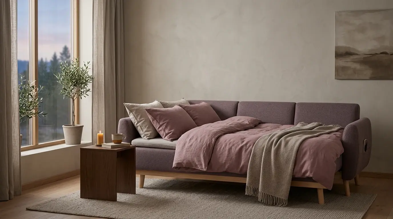 Sovesofa i en lys stue klar til å reddes ut
