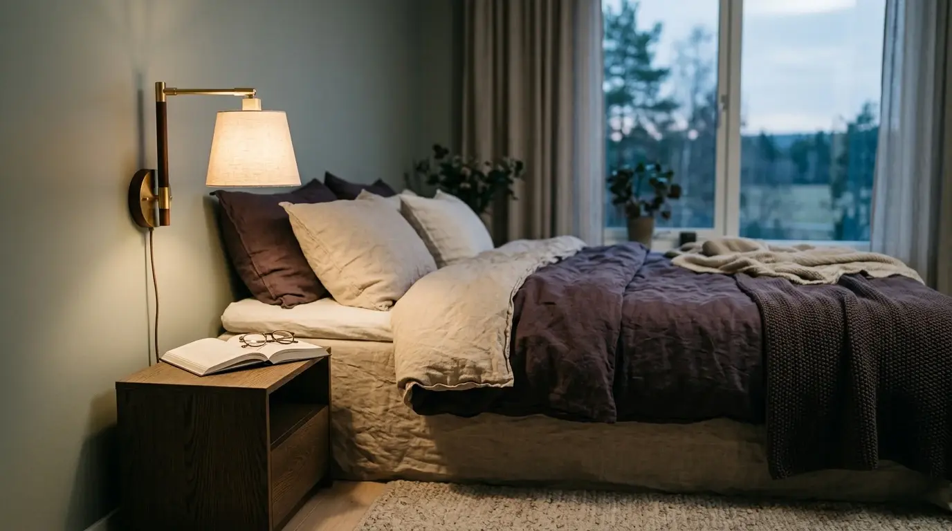 Nattlampe som lyser varmt på et nattbord