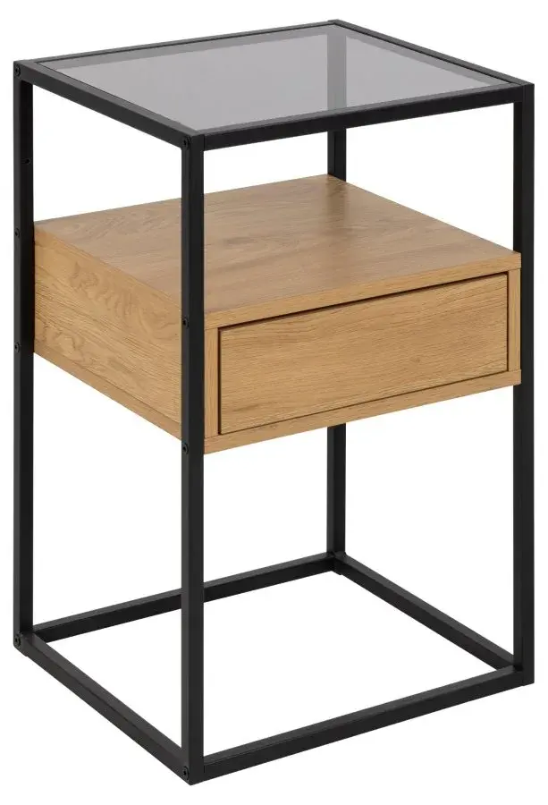 ACT NORDIC Randolf nattbord – røkt glass, naturlig melamin og svart metall (40x35) – produktbilde